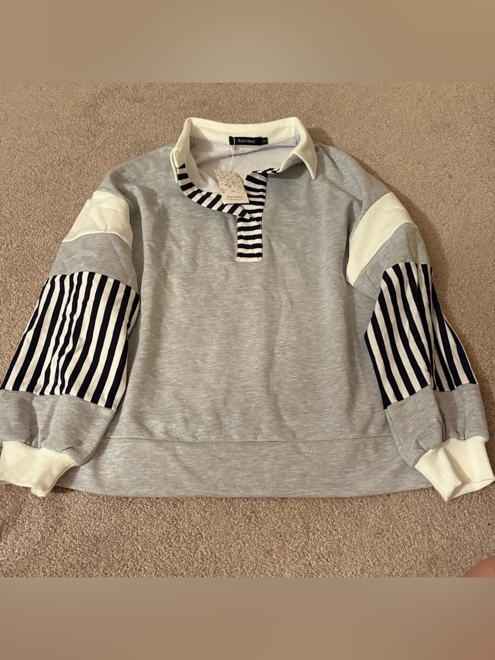 Automet small NWT Grey Rugby-Style Pullover Sweater with Navy Stripe Accents